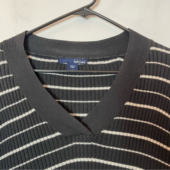 Basic Editions Strip V Neck Long Sleeve Sweater Sz L - Picture 2 of 10